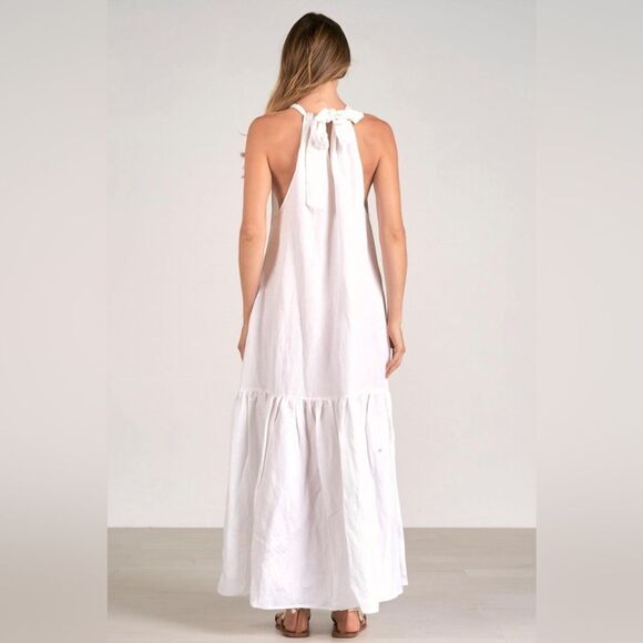 ELAN Linen Blend Tiered Halter Maxi Dress Relaxed Fit High Neck White Large NWT - Picture 3 of 15
